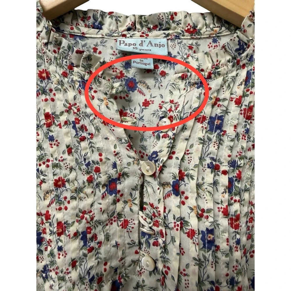 Papo d'Anjo Floral Blouse Girls 10 Multicolor Pintuck‎ Ruffle Cottagecore Top